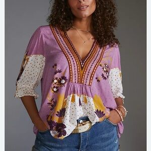 Anthropologie Purple and Yellow Floral Blouse